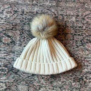 J. Crew Cream Knit Beanie with Faux Fur Pom-Pom
